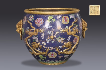 A Rare Bronze Body Cloisonné Enamel Two Dragons Playing with Pearl Design Two-handled Jar