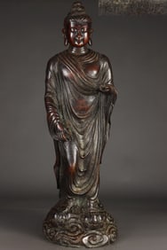 A Rare Red copper body Sakyamuni Buddha standing statue
