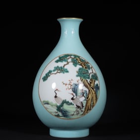 A Rare Enamel Pine and Crane Pattern Vase
