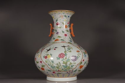 A Rare Famille-Rose Outline in gold Flower and Bird Pattern Double-Ears Vase