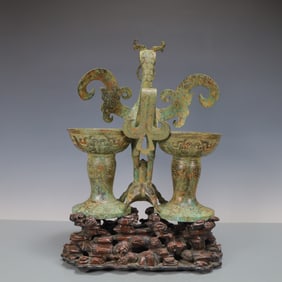 A Rare Bronze ware purple sandalwood Vermilion Rooster candlestick