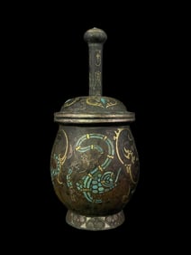 An Archaic Gilt-Bronze Medicine Mortar with Beast Motifs, Gold Silver Inlay