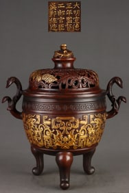 A Rare Red copper body gilt interlocking lotus and kui dragon pattern lingzhi ear incense burner