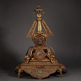A Rare Copper Gilt Inlaid with Gemstones Stupa Ornament