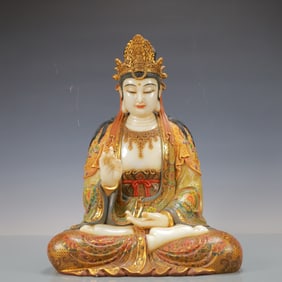 A Rare White Marble Mineral Paint Guanyin Statue