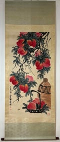 A Chinese Vertical Scroll Ink Painting of Peach cricket on Silk