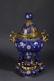A Rare Cloisonne Enamel Flower Pattern Double-Ears Tripod Censer