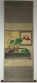 A Chinese Vertical Scroll Ink Painting of Fruits and vegetables on Silk
