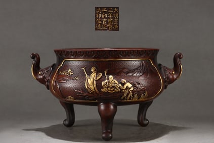 A Rare Red copper body gilt figure story pattern three-legged elephant head ear stove
