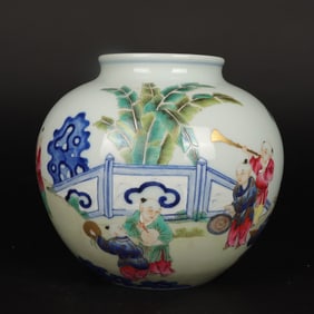 A Rare Blue and White Wucai Character and Story Pattern Jar