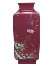 Enamel Ruby Red-Glazed flower and bird pattern vase