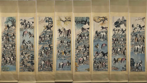 A Set of A Rare Chinese Vertical Scroll Ink Painting of Horses