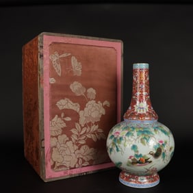 A Rare Famille-Rose Ruby Red-Glazed with poem Flower and Bird Pattern Vase