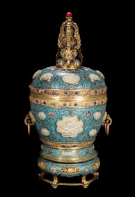 A Huge Copper Cloisonne enamel inlaid gemstone ghee jar
