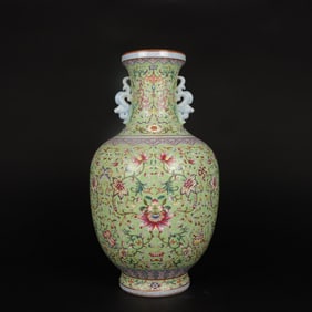 A Rare Famille-Rose Green Ground Flower Pattern Double-Ears Vase