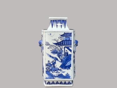 A Rare Blue and White Character and Story Pattern Double-Ears Square Vase