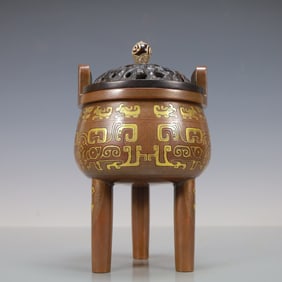 A Rare Bronze Gilded Three-legged Incense Burner