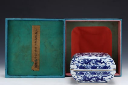 A Rare Blue and White Cloud and Dragon Pattern Box