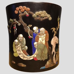 A Rare Zitanwood Inlaid Gems Character and Story Pattern Brush Pot,With poem