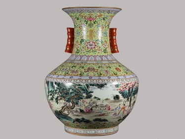 A Rare Famille-Rose Green Ground Character and Story Pattern Double-Ears Vase