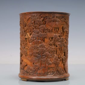 A Rare Bamboo Carved Character Landscape Ink Pot