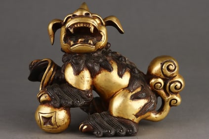 A Rare Red copper body gilt lion and hydrangea ornament