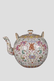 A Rare Famille Rose White-Ground Intertwined Lotus Flower Pattern Handle Pot