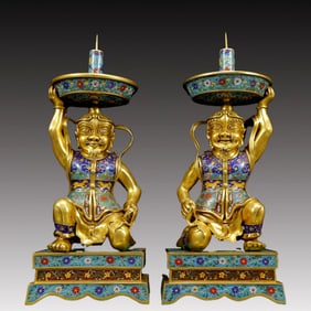 A Pair of Huge Cloisonne Figure Candlesticks