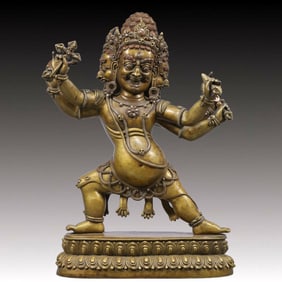 A Solemn Gilt Bronze Statue of Vajra, Inlaid Gems, With Inscription