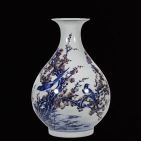 An Exquisite Blue and White Underglaze-Red Flower and Bird Pattern Vase