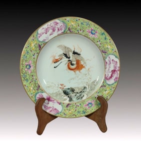 An Exquisite Ji Blue Glazed Famille-Rose Crane Pattern Plate