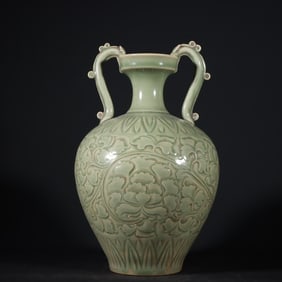 An Exquisite Yaozhou yao Celadon Glazed Carved Flower Pattern Dragon-Ears Vase
