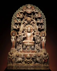 A Rare Marble Painted Color Hollow Statue of Sakyamuni