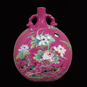 A Rare Ruby Red-Glazed Flower and Bird Pattern Double-Ears Vase