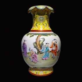 A Rare Famille-Rose Yellow Ground Character and Story Pattern Vase