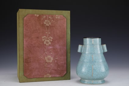 An Exquisite Ru yao Sky Blue Glazed Double-Ears Vase