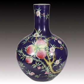 A Huge Purple Ground Famille-Rose Bats and Peach Pattern Vase