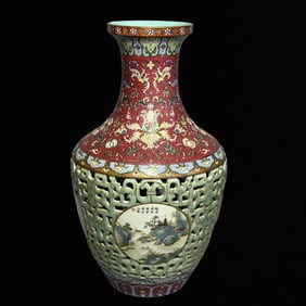 An Exquisite Enamel Ruby Red-Glazed Landscape Pattern Painted Gold Vase