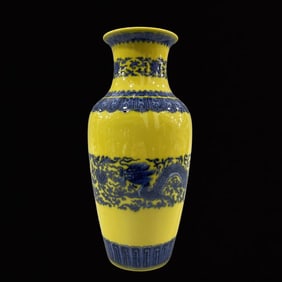 An Exquisite Yellow Ground Blue and White Lotus and Dragon Pattern Vase