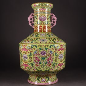 A Huge Green Ground Famille-Rose Lotus and Bats Pattern Double-Ears Vase