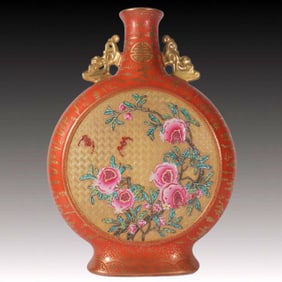 A Rare Enamel Gold Ground Flower and Fruit Pattern Double-Ears Vase