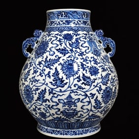 A Huge Blue and White Lotus and Eight Treasures Pattern Double-Ears Vase