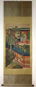 A Chinese Vertical Scroll Ink Painting of Character and Story on Silk,Lang Shining&Chen Mei