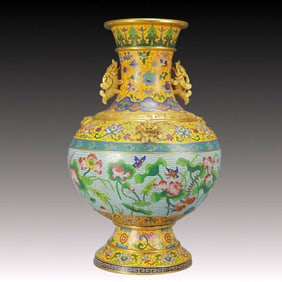 A Huge Cloisonne Lotus and Mandarin Duck Pattern Double-Ears Vase