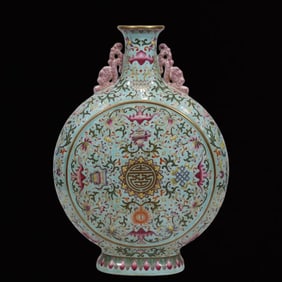 A Rare Green Ground Famille-Rose Lotus and Eight Treasures Pattern Double-Ears Vase
