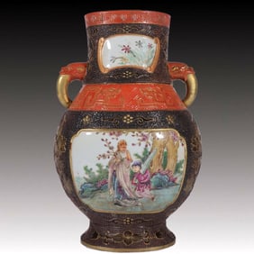 An Exquisite Famille-Rose Carved Painted Gold Figure Pattern Double-Ears Vase