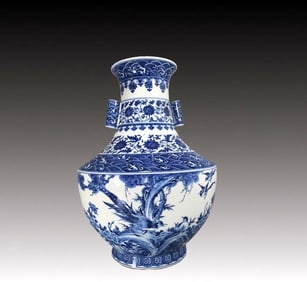 A Huge Blue and White Flower and Bird Pattern Double-Ears Vase