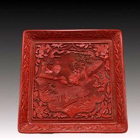 A Exquisite Carved Red Lacquer Landscape and Figure Pattern Plate