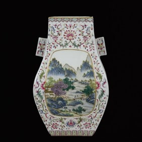 An Exquisite Famille-Rose Landscape and Figure Pattern Double-Ears Vase