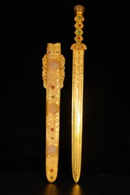 An Exquisite Gilt Bronze Dragon Pattern Sword, Inlaid Gems